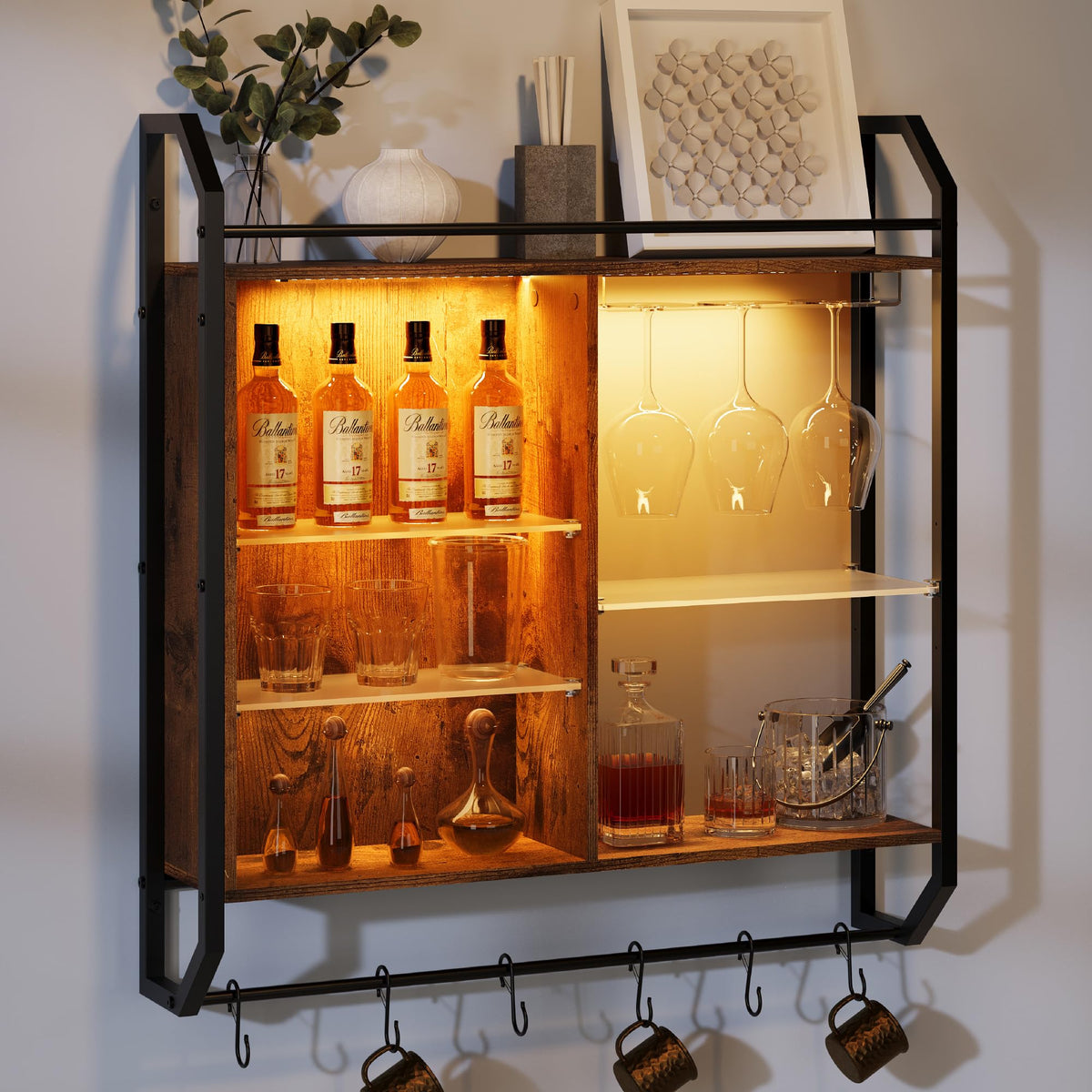 Wall Mounted Rack with LED Lights and Glass Holder, Floating Shelves with 6 S-Hooks,Hanging Wine Glass Rack for Coffee Bar,Home Decor,Gaming Shelf, Hanging Display Rack Bookshelf, Teen Boys Bedroom