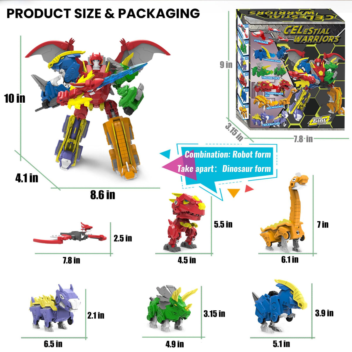 Wenbeier Robot Dinosaur Toy 6-in-1 Transforming Robot Toys Take Apart Toys Including 6 Dinosaur Action Figures with Weapon Deformation for Boys and Girl Ages 6 7 8 9