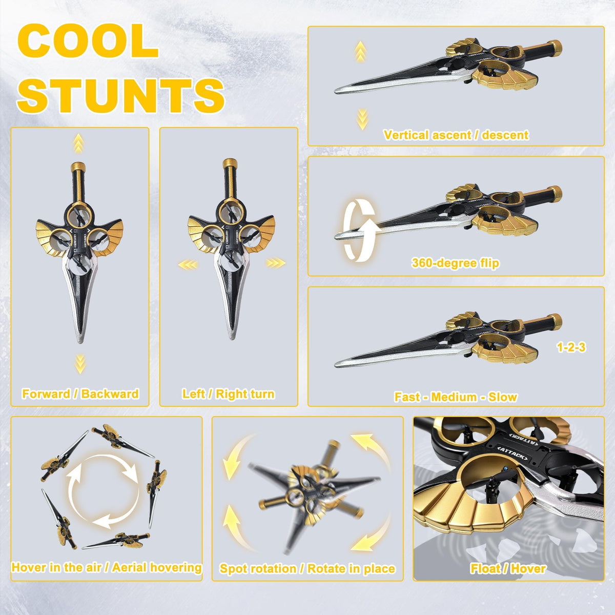 Virellia Flying Sword RC Airplane, Gesture Control Airplane for Kids Adult 8-16, Remote Control Drone Sword with Light, 360° Flip, Gravity Sensing, Stunt Roll, Gifts for Kids Boys Girls, Gold