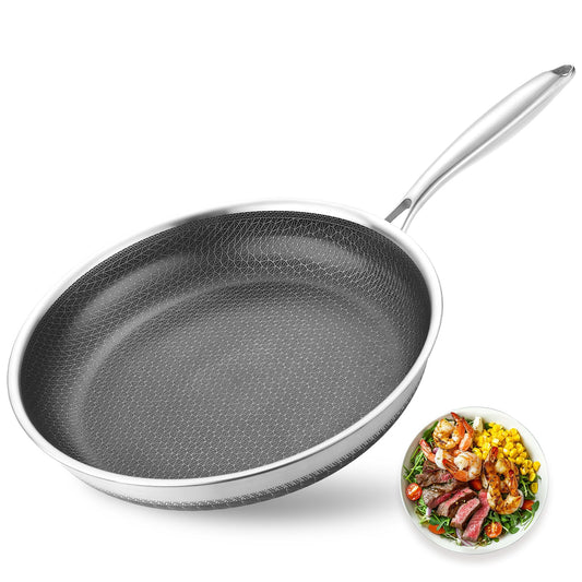 Dingerkit Nonstick Frying Pans, 12 inch Stainless Steel Frying Pan Non Stick with Honeycomb for Kitchen and Camping - Dishwasher and Oven Safe Skillet, Induction Gas Ceramic Cookware.