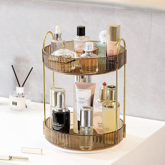 Aveniee 360 Rotating Makeup Organizer for Vanity, Perfume Sincare Organizers Bathroom Countertop Storage, Clear Cosmetics Lipstick Holder for Dresser,2 Tiers, Brown