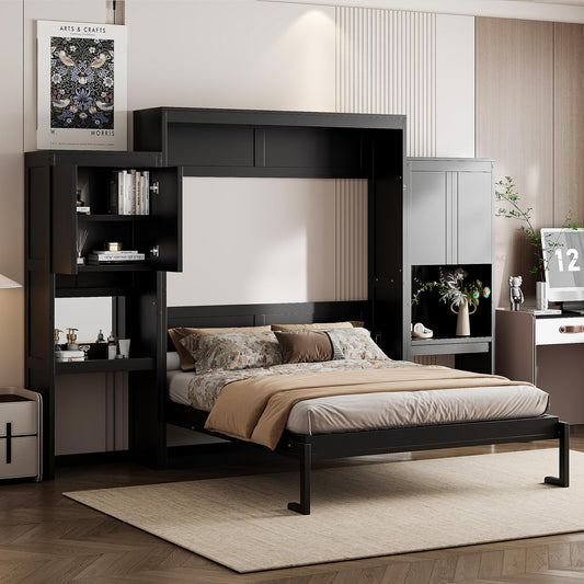 Ball & Cast Murphy Bed Queen Bed Frame with Headboard,Hideaway Bedframe w/Vanity and Cabinets,Wood Wall Cabinet,Slat Support,can be Folded,No Box Spring Needed,for Small Room,Espresso