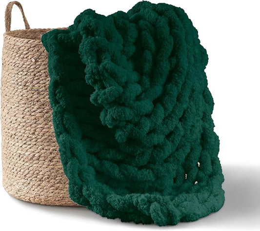 Adyrescia Chunky Knit Blanket Throw | 100% Hand Knit with Jumbo Chenille Yarn (50"x60", Forest Green)