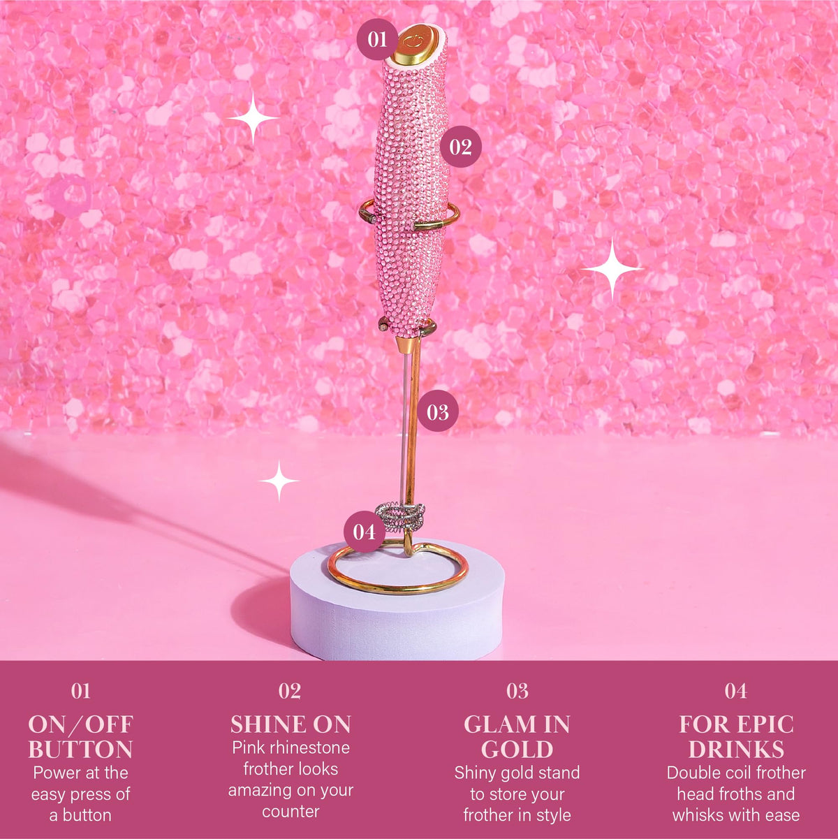 Paris Hilton Electric Rhinestone Handheld Milk Frother with Double Coil Head Whisk and Gold Metal Stand, Battery Powered (2 AA Batteries Required but Not Included), Pink