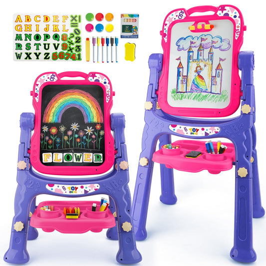 STEAM Life Art Easel for Kids, Double-Sided 4In1 Toddler Easel with Rotable Magnetic Chalkboard & White Drawing Board, Height Adjustable with Magnetic Letters & Numbers Gifts for Boys and Girls