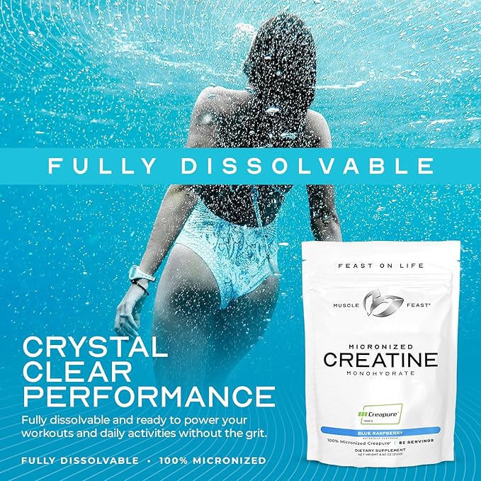Muscle Feast Creapure - Micronized Creatine Monohydrate Powder | Premium Pre-Workout or Post-Workout | Creatine for Women & Men | Easy to Mix, Gluten-Free, Safe and Pure, (Blue Raspberry, 250g)