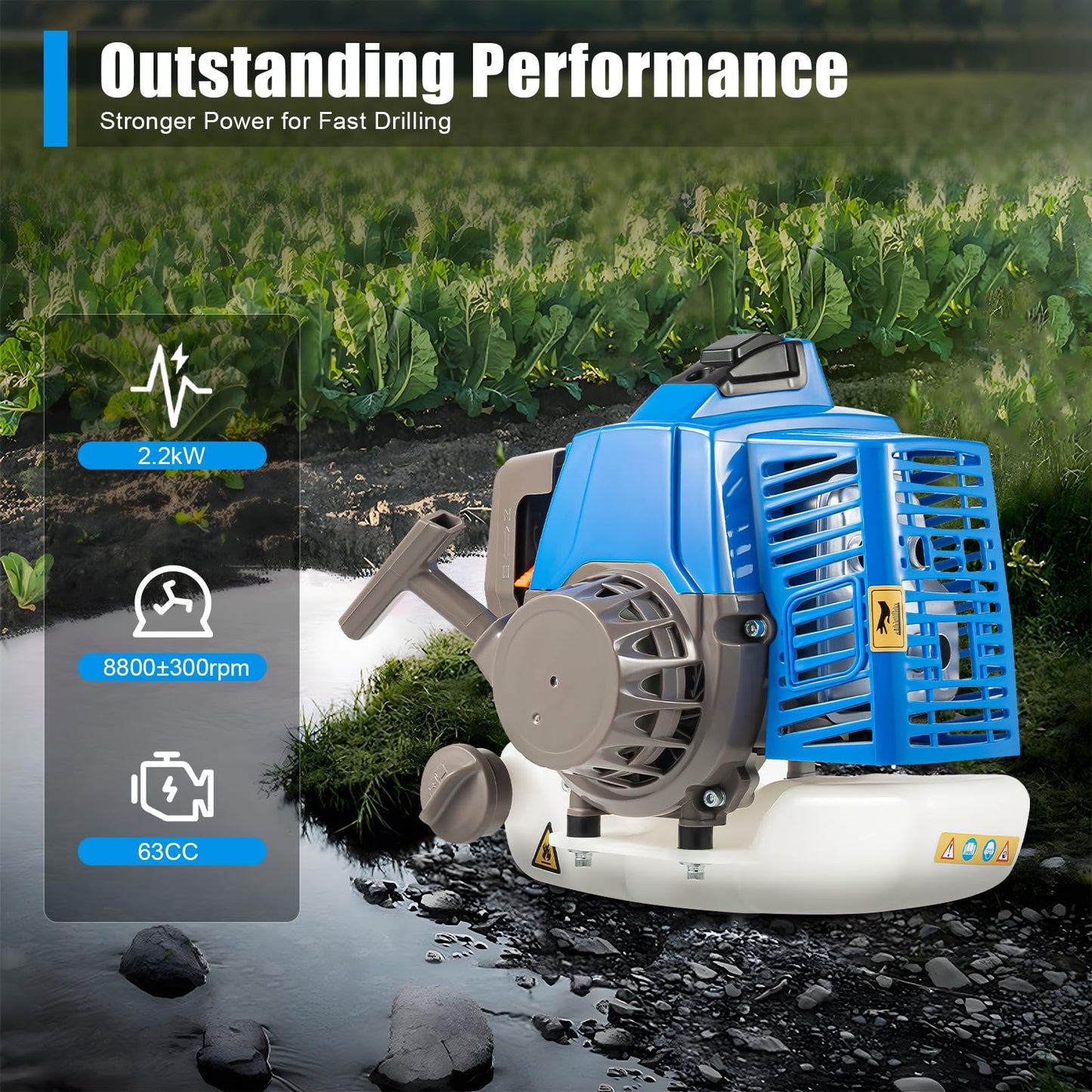 63CC 2-Stroke Gas Powered Earth Auger Post Hole Digger with 11.81" Drill, 3HP Hole Digging Machine Auger Spiral Drill Bit Borer Fence Ground Drill for Garden & Lawn Digging Planting Drilling (Blue)