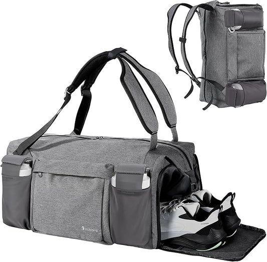 Gym Bag for Men with 2 Upgraded Bottle Holders Convertible Duffle Bag and Gym Backpack Waterproof Sports Bags with Shoes Compartment and Wet Pocket - Grey