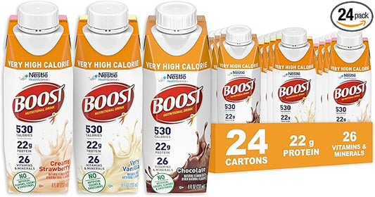 BOOST Very High Calorie Nutritional Drink ??Helps Weight Gain & Maintenance -530 Calories -26 Vitamins & Minerals - 22 g Protein - Variety Pack - Vanilla, Chocolate & Strawberry - 8 fl oz (Pack of 24)