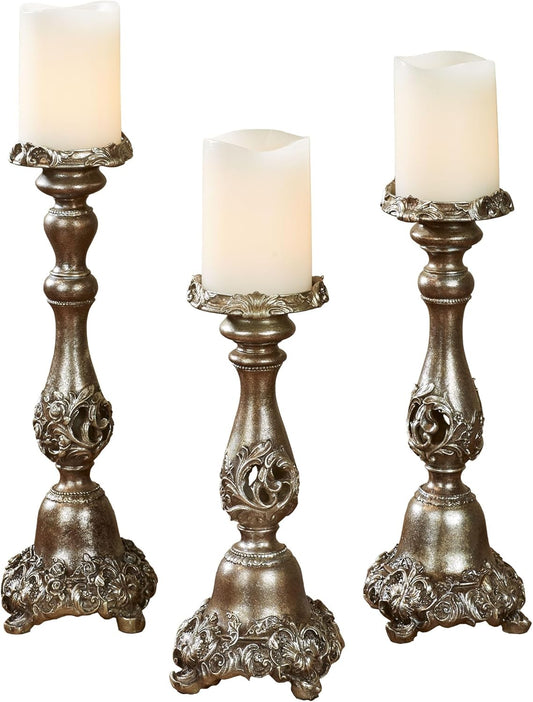 Touch of Class Victoria Acanthus Leaf Candleholders Set of 3 - Metallic Bronze & Silver Resin Candlesticks for Home Decor