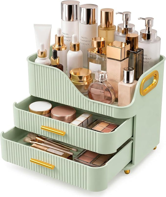 Booklov Countertop Makeup Organizer with Drawers, 3 Tier Large Cosmetic Storage Box for Vanity, Bathroom Counter, Dresser, Skincare Display Case for Lipsticks, Beauty Palettes, Teen Girl Gifts, Green