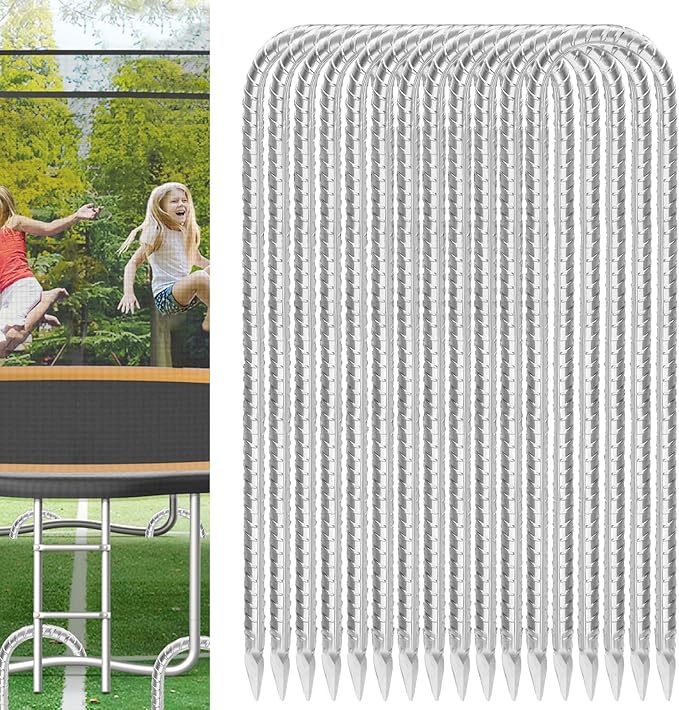 Trampoline Stakes Anchors High Wind 12inx6mm Galvanized U Hook 12pcs Rebar Stakes – Heavy Duty Ground Anchors for Trampoline,Yard & Inflatable,Landscape Metal Stakes for Outdoor Decorations