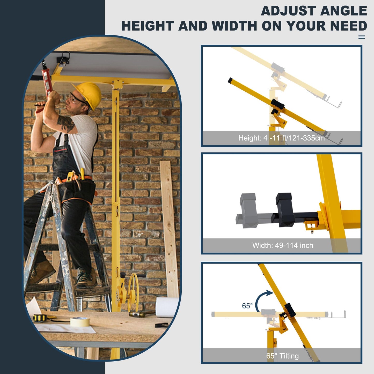 GarveeTech Drywall Lift 11 ft,Sheetrock Lift Drywall Lift,150 LBS Heavy Duty Drywall Rolling Lifter Panel, Drywall Lift Panel Hoist Jack With 360° Adjustable Telescopic Arm & 3 Lockable Wheels