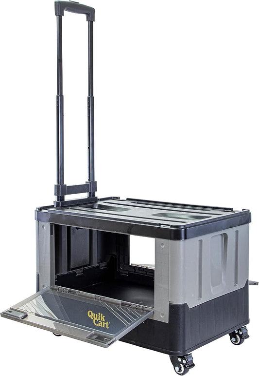 dbest Products Quik Cart Extended Four Wheeled Rolling Crate Teacher Utility with seat Dual Accessible Doors Heavy Duty Collapsible Basket with Two Position Handle
