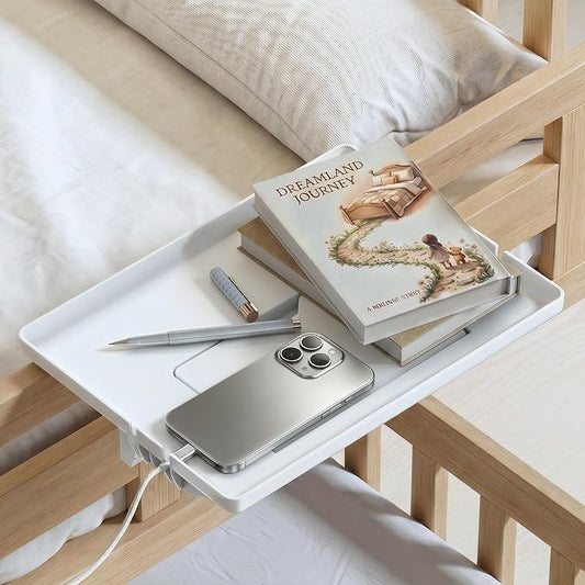 COOL-ANGLE Bedside Shelf for Bunk Bed & College Dorm, 13x9.5 Clamp-On Floating Nightstand with Hidden Storage & Cable Management, Fits Bed Rails up to 2.9", White