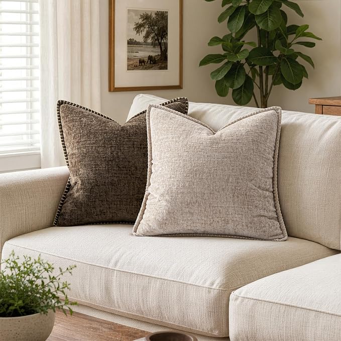 MIULEE Pack of 2 Couch Throw Pillow Covers 20x20 Inch Natural Beige Farmhouse Decorative Pillow Covers with Stitched Edge Taupe Soft Chenille Solid Dyed Pillow Covers for Sofa Bed Living Room