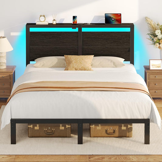 Rolanstar Queen Bed Frame - LED Headboard with Charging Station | Noise-Free Black Oak Design