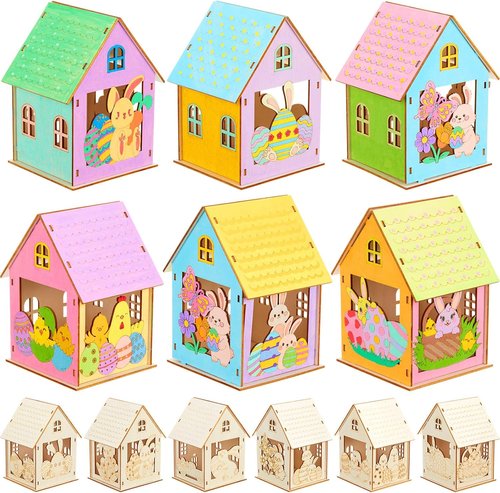 Jenaai 24 Sets Easter Wooden House Crafts - DIY 3D Bunny Village Decor for Spring Celebrations