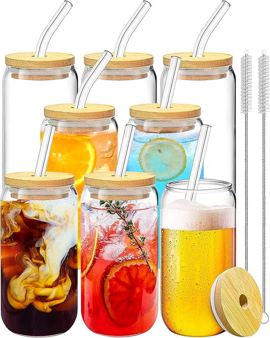 WISIMMALL Drinking Glasses with Bamboo Lids and Glass Straw 8PCS Set, 16oz Glass Cups with Lids and Straws, Beer, Iced Coffee Glasses, Soda, Gift 2 Cleaning Brushes