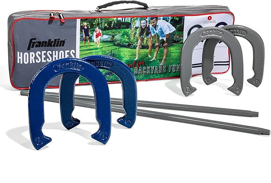 Franklin Sports Horseshoes Sets - Metal Horseshoe Game Sets for Adults + Kids - Official Weight Steel Horseshoes - Beach + Lawn Horseshoes Sets - Sets Include (4) Horseshoes and (2) Ground Stakes