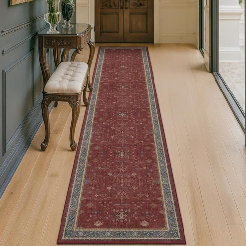 Hazo Haus Non-Slip 10ft Long Hallway Runner Rug - Washable Waterproof Burgundy 2x10 Mat | Oriental Turkish Design