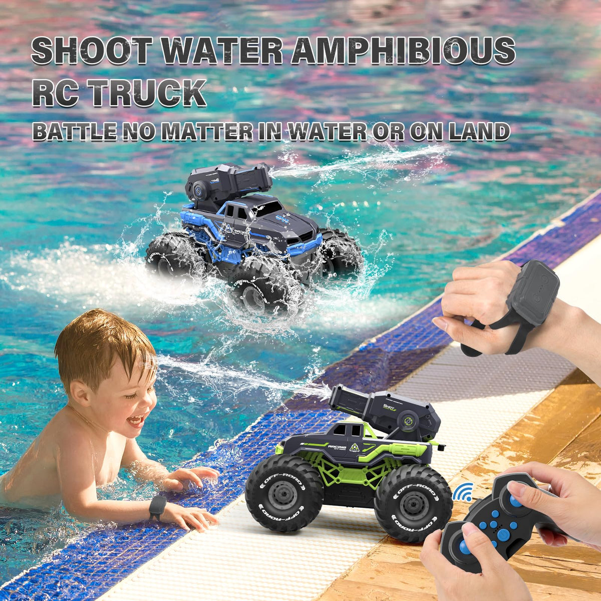Amphibious Remote Control Car Boat Water Squirt RC Tank 2.4GHz Gesture Sensor 4WD Monster Truck Waterproof RC Car for 6 7 8 9-12 Kids Girls Boys Gift Beach Pool Water Toy With 2 Replaceable Batteries