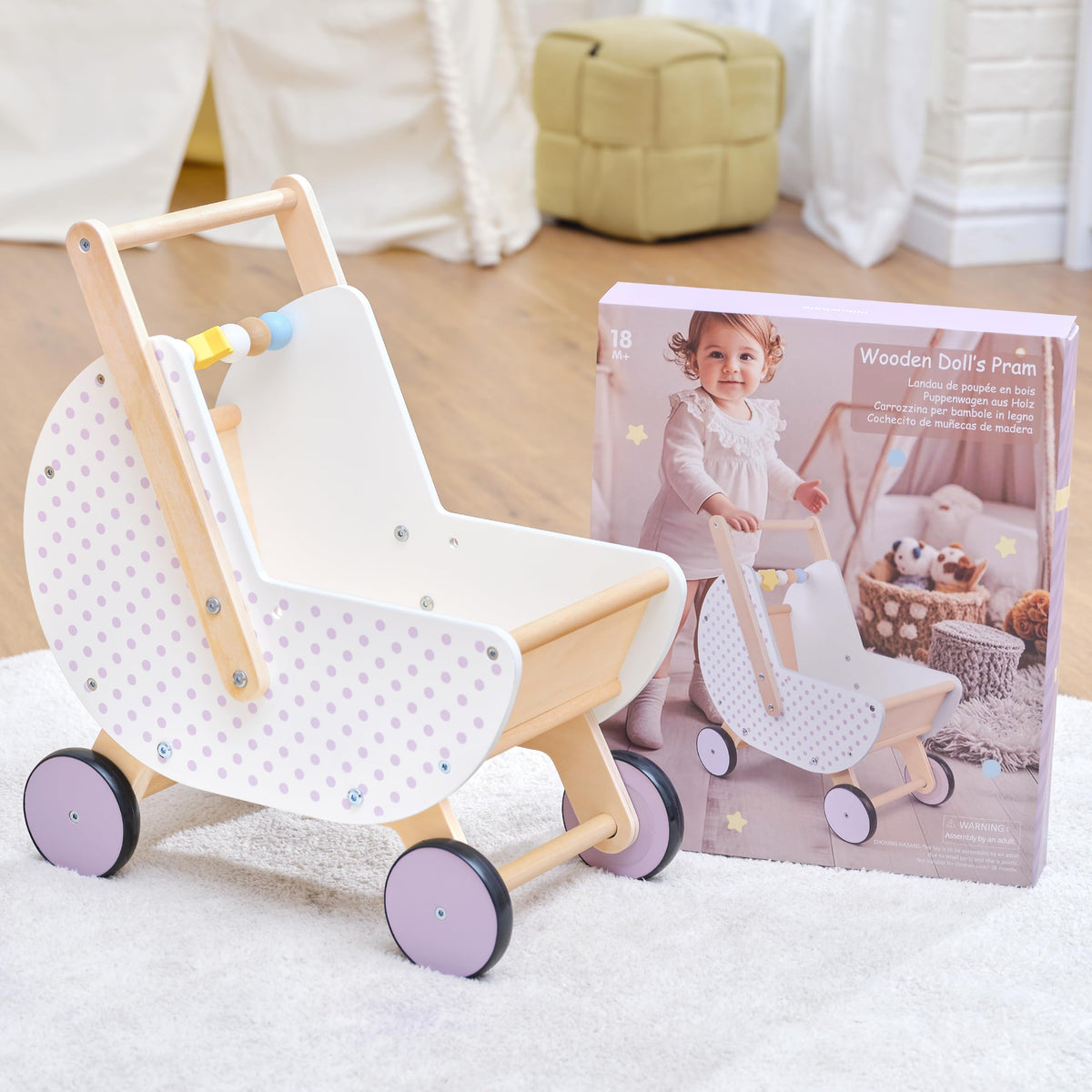 Pillowhale Wooden Baby Walker & Doll Stroller – Adjustable Handle Push Cart, Anti‑Tip, Quiet Wheels, Pretend Shopping Cart – Montessori Wooden Walker for Babies, Doll Stroller for Toddlers 12m+