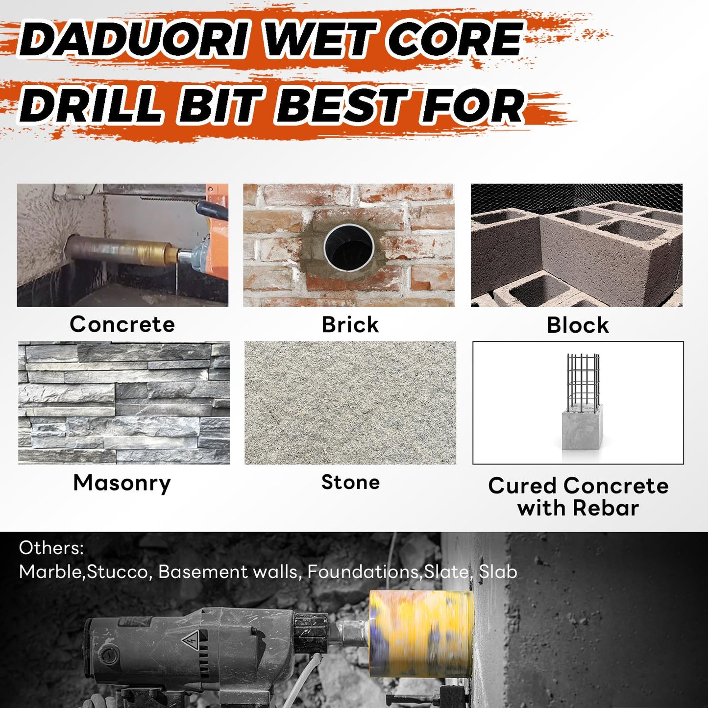 DaduoRi 6 Inch Wet Core Drill Bit, 6" Diameter x 14" Depth,1-1/4"-7 Thread, High-Performance Diamond Core Bits for Reinforced Concrete with Rebar, Masonry, Brick Block,Cement, Stucco, Stone (152mm)