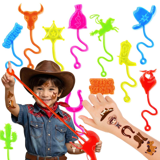 48PCS Cowboy Party Favors - 24PCS Cowboy Temporary Tattoos & 24PCS Cowboy Stick Hands - Perfect Birthday Favors, Goodie Bag Stuffers, Treasure Box Toys, Classroom Prizes, and Student Gifts