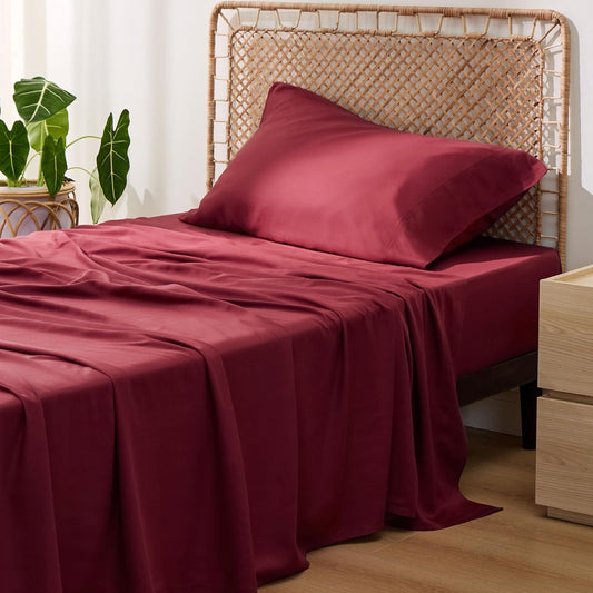 Bedsure Cooling Twin XL Sheets - Breathable Rayon from Bamboo, Soft & Silky, Deep Pocket Up to 16 Inches, Burgundy