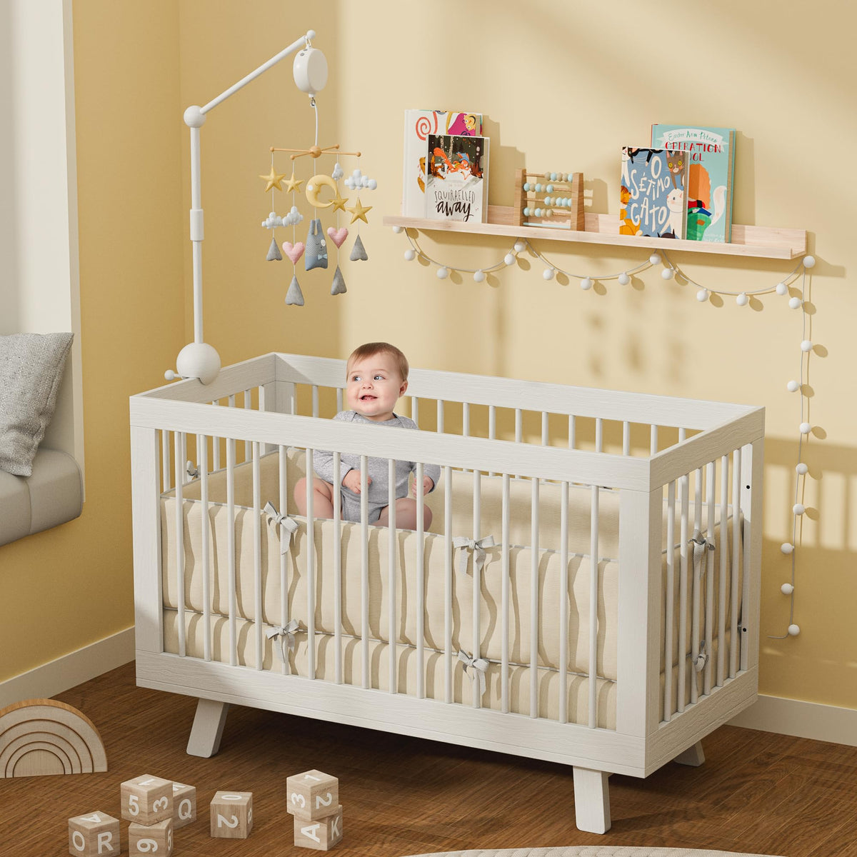Crib Mobile Arm with Music Box,32.5 Inch White Crib Mobile Stand,Wooden Mobile Arm for Crib (2 Modes,360°Adjustable,100% Beech Wood) Baby Crib Mobile for Boy and Girl