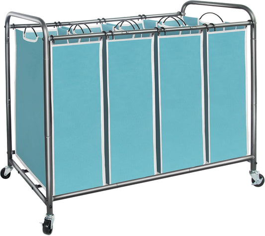 Storage Maniac Laundry Sorter - 4-Section Hamper Cart with Wheels & Removable Bags - 47.8 Gal, Blue