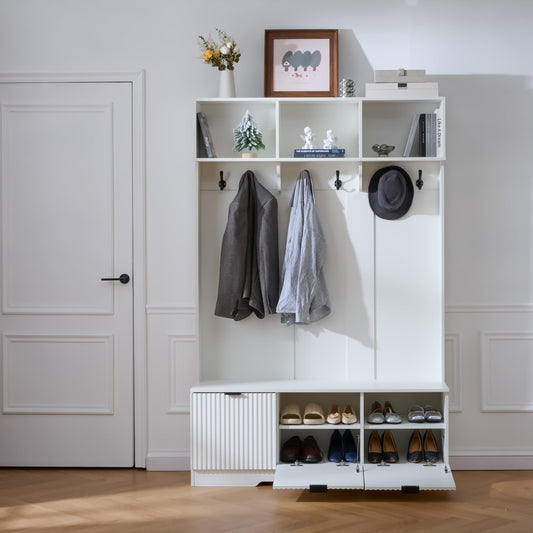49.6" 5-in-1 Hall Tree with Bench Shoe Storage 3 Open Storage Cabinets, Farmhouse Entryway Cabinet with High Gloss Fluted Doors Coat Rack with 6 Hooks Shoe Cabinet for Hallway Living Room White
