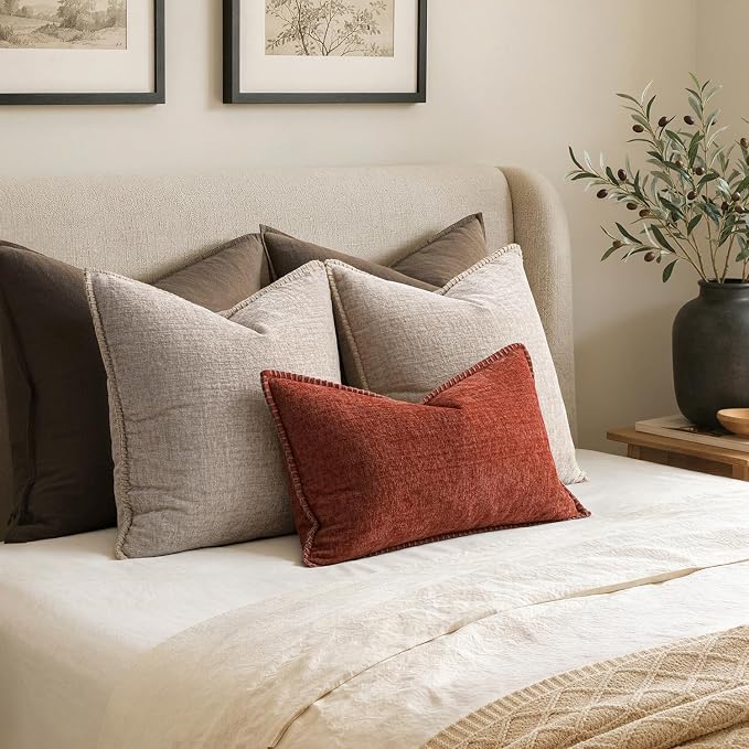MIULEE Pack of 2 Couch Throw Pillow Covers 20x20 Inch Natural Beige Farmhouse Decorative Pillow Covers with Stitched Edge Taupe Soft Chenille Solid Dyed Pillow Covers for Sofa Bed Living Room