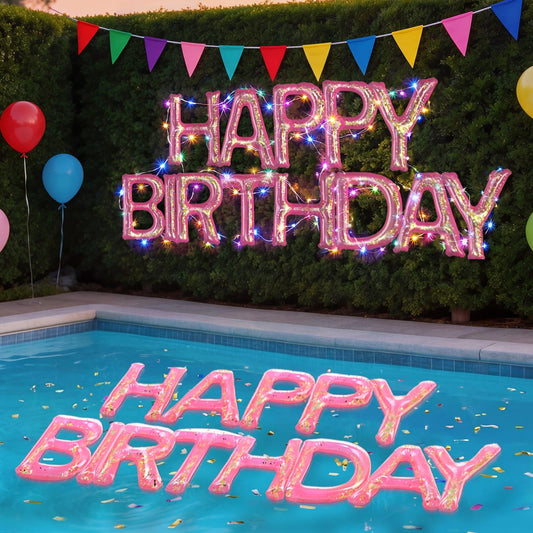 Happy Birthday Pool Floating Letter Balloons, 20'' Inflatable Pool Birthday Decorations with LED Lights,Adhesive Dots, Pink Gold Confetti, Reusable PVC Large Floating Letters for Pool Party