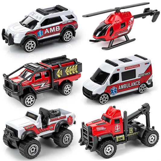 6 Pack Diecast Ambulance Toy, Mini Alloy City Rescue Emergency Vehicle Toys Playset Helicopter Toy Trucks for Boys Age 4-7 8 9 Years Old, Car Toys for Kids Toddlers Party Favors & Birthday Gift