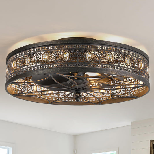 24 Inch Ceiling Fan with Light and Remote,24" Bladeless Caged Fandelier,Low Profile Flush Mount Enclosed Crystal Chandelier Ceiling Fan Light Fixture for Master Bedroom,Dining Room,Living Room,Kitchen