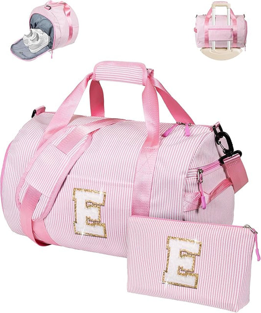 Gifts for Teenage Girls, Girl Gym Bag, Kids Initial Overnight Duffel Bags with Shoe Compartment, Personalized Travel Bag with Makeup Pouch, Cute Stuff for Daughter Niece (Letter E)