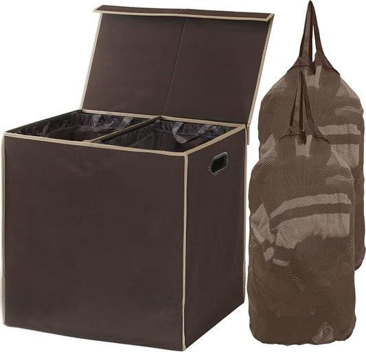 Simple Houseware Double Laundry Hamper with Lid and Removable Laundry Bags, Brown