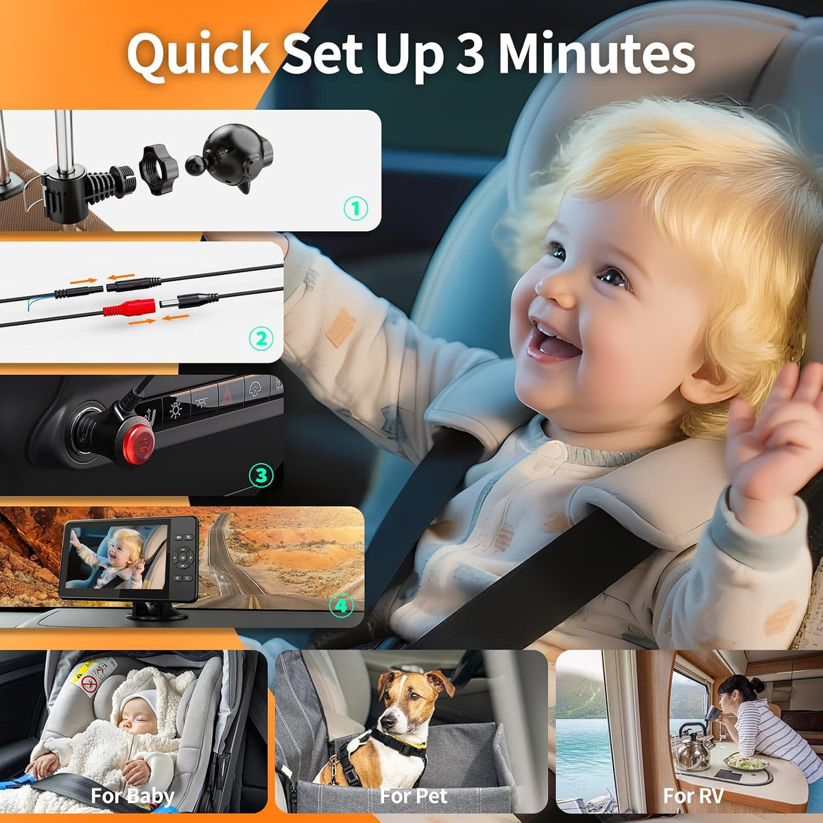 Setup 4.3'' 1080P 4X Zoom,10 360 Baby Car Camera,Plug and Play Easy HD Car Baby Monitor with Lullabies, Auto IR Night