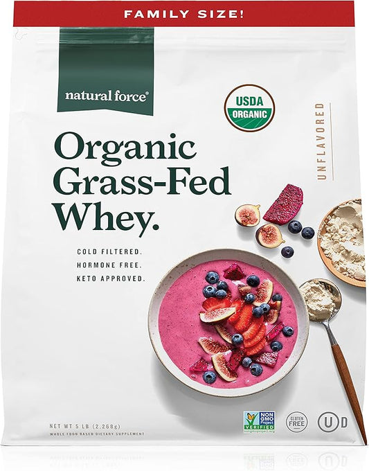 Natural Force Grass Fed Organic Whey Protein Powder ??Non GMO Verified, Humane Certified & Lab Tested for Toxins ??Pure & Unflavored ??Keto Friendly, Low Carb, and Kosher ??5 Pound A2 Protein