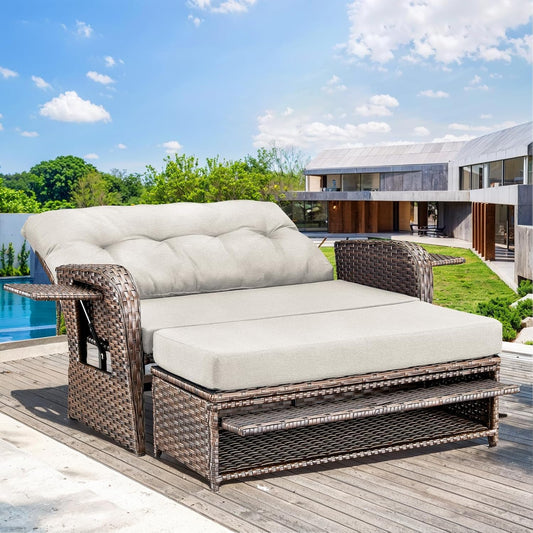 Bellefurn Outdoor Daybed, Patio Daybed Wicker Recliner for Two with Multifunctional Recliner and Stowable Side Tray, 5 Level Adjustable Backrest (Beige)