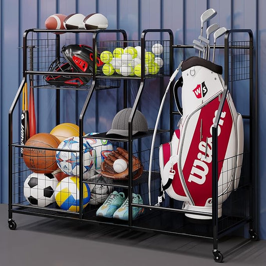 Garage Sports Equipment Organizer & Outdoor Toy Storage, Ball Storage Golf Organizer For Garage with Baskets, 5 Hooks