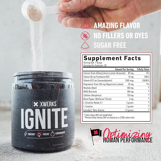 Xwerks Ignite Orange Pre Workout Powder, Natural Keto Pre Workout for Women and Men with Explosive Energy, Gluten Free Blend for Endurance and Stamina, 150mg Caffeine, 30 Servings