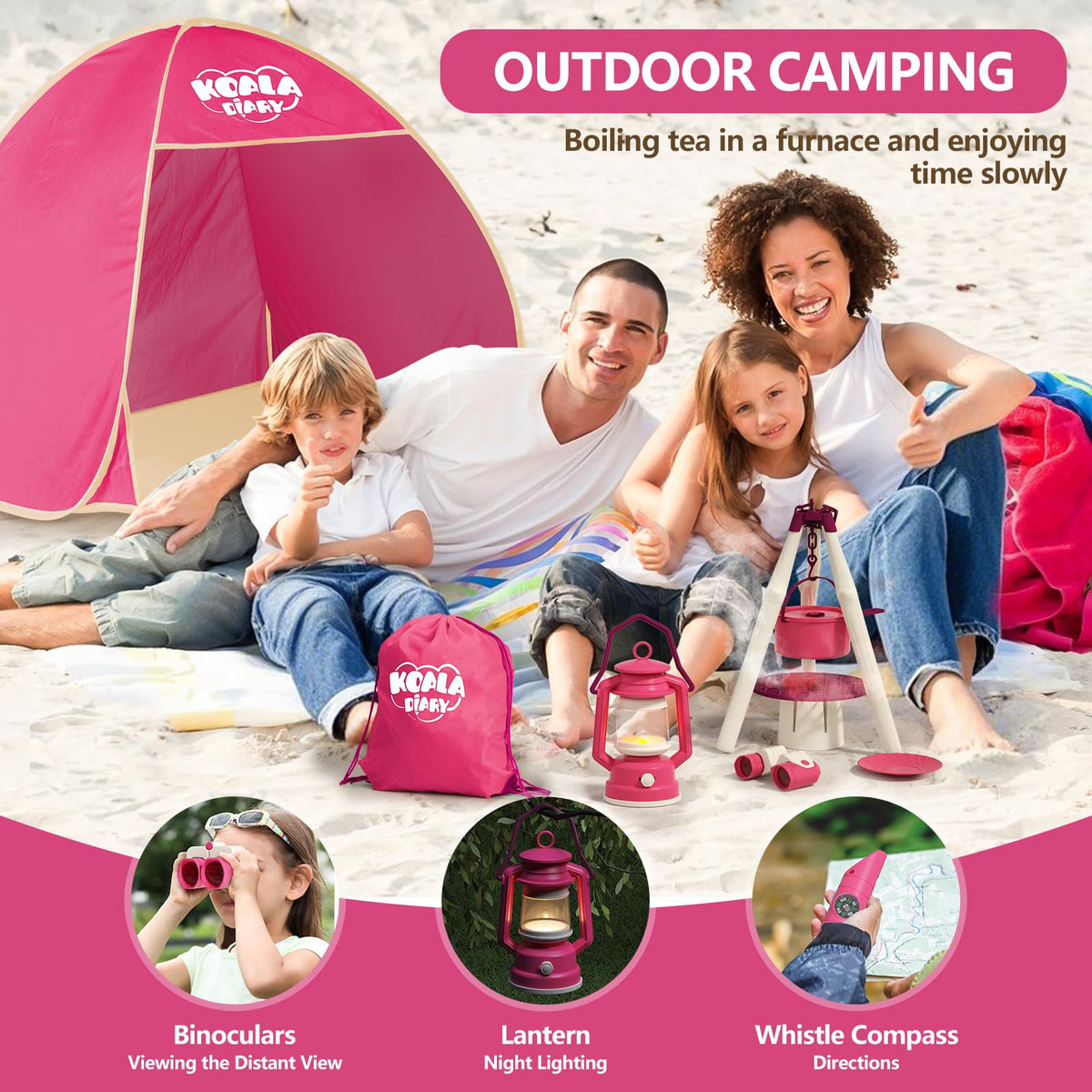 KOALA DIARY Kids Camping Set – an Outdoor Campfire Toy Set Featuring a Tent, Oil lamp, Stove, and More,Gift Idea for Girls Age 3+ Year Old Birthday Christmas