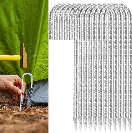 Rebar Stakes 12inx6mm Galvanized J Hook 12pcs – Heavy Duty Ground Tent Stakes for Fence,Bounce House,Outdoor Plants,Artificial Turf,Dog Coop,Metal Stakes for Christmas Decorations