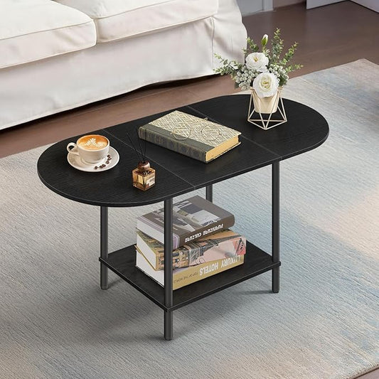 Black Coffee Tables for Living Room,Mid Century Oval Small Center Table with Storage Shelf and Wood Tabletop,2-Tier Farmhouse Low Cocktail Tea Table for Small Space,Apartment