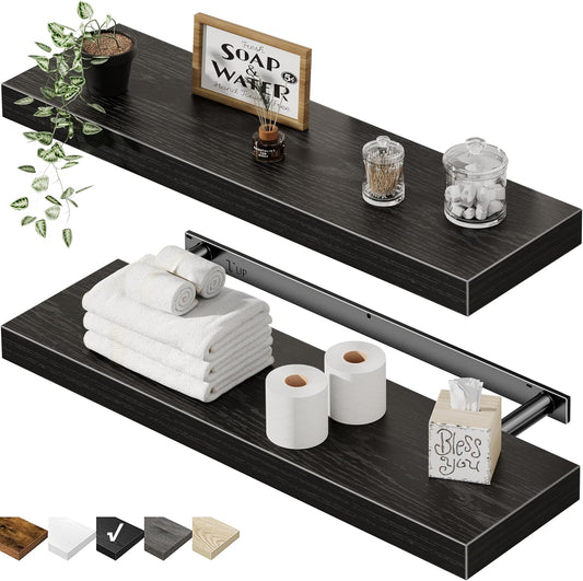 QEEIG Floating Wall Shelves - Stylish Black Home Decor | Set of 2, 23.6" Long for Bathroom, Kitchen & Living Room