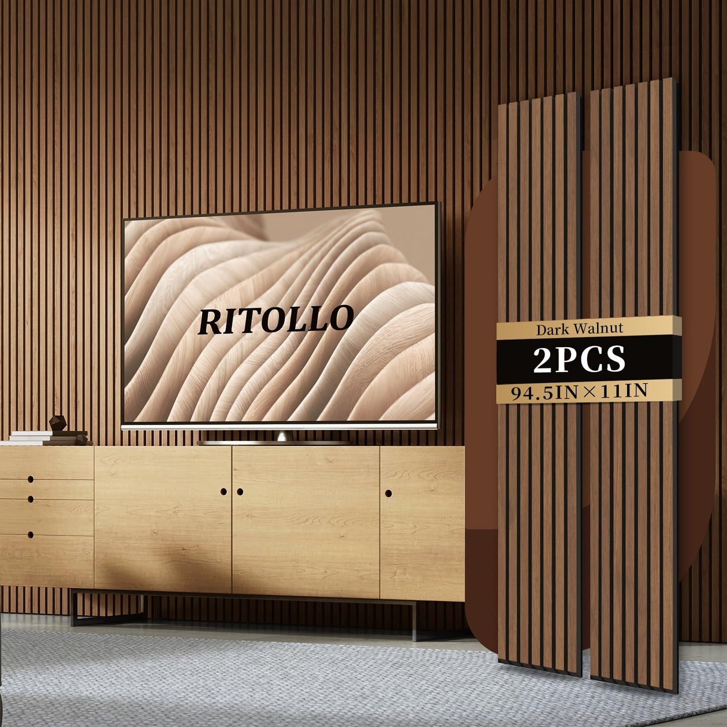 Ritollo Wood Panels for Wall 94.5"×11" Acoustic Panels for Interior Wall Decor, 3D Wood Slat Fluted Sound Absorbing Panel - Walnut 2 Pack