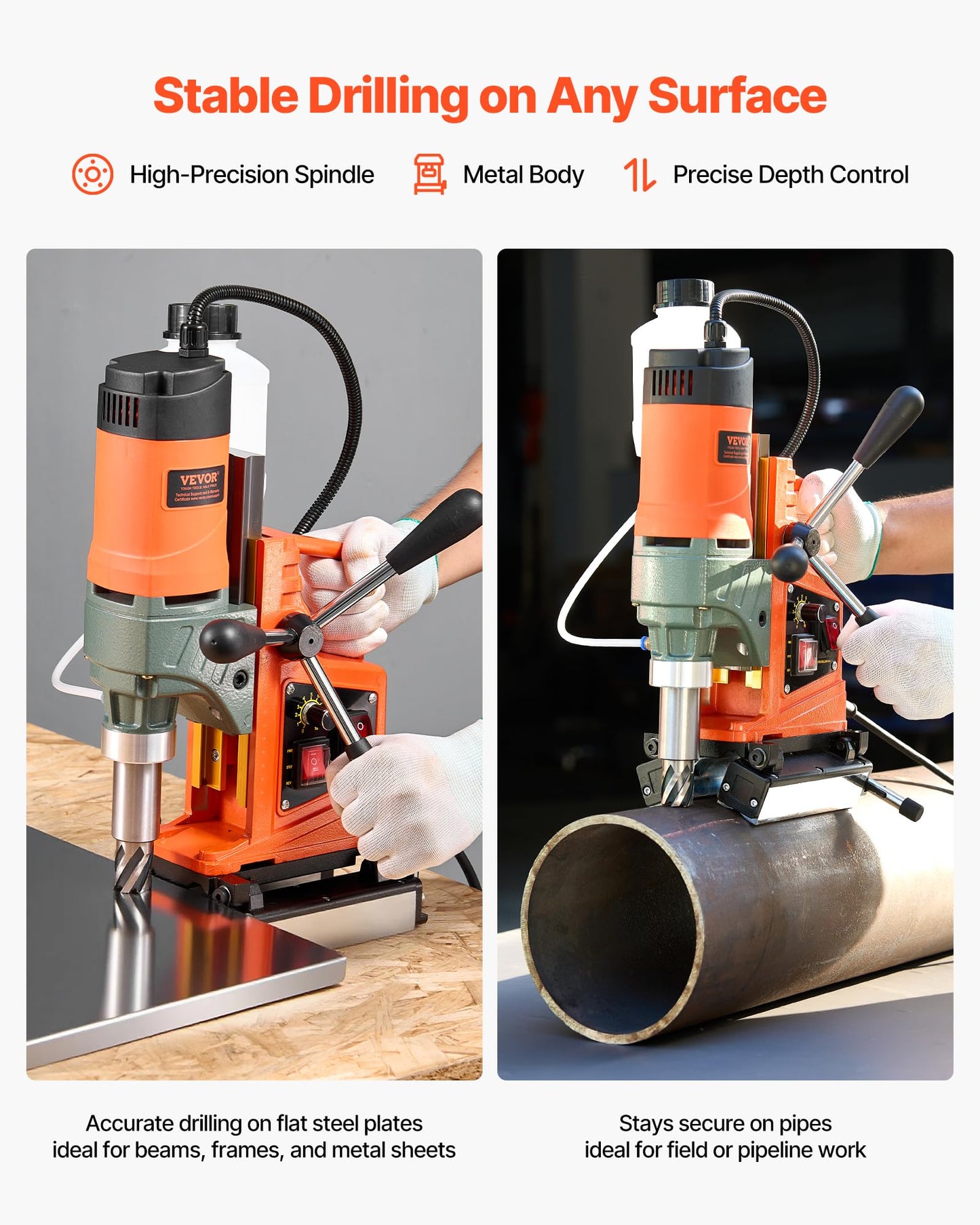 VEVOR Magnetic Drill Press, 1400 W, 2 inch Boring Diameter, 0-750 RPM Speed, Reversible Direction, Mag Drill Press for Metal Surface, Electric Drilling Machine for Industrial and Home Improvement